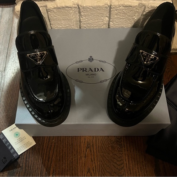 Prada Chocolate Patent Calfskin Loafers. Like new- in box. Black. Size 8.5. - Picture 7 of 14